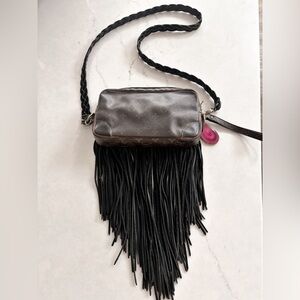 Chic Black and Brown Crossbody Bag with Fringe